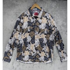 Au Noir Shirt Mens Sz 7 Colorful Floral & Abstract Flip Cuff Long Sleeve Button